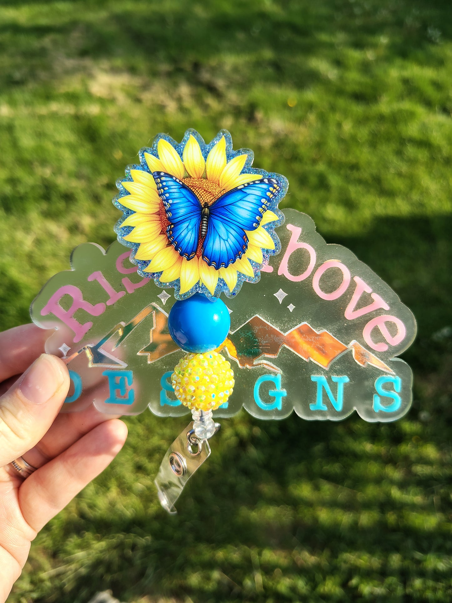 Blue Butterfly on Sunflower Beaded Badge Reel