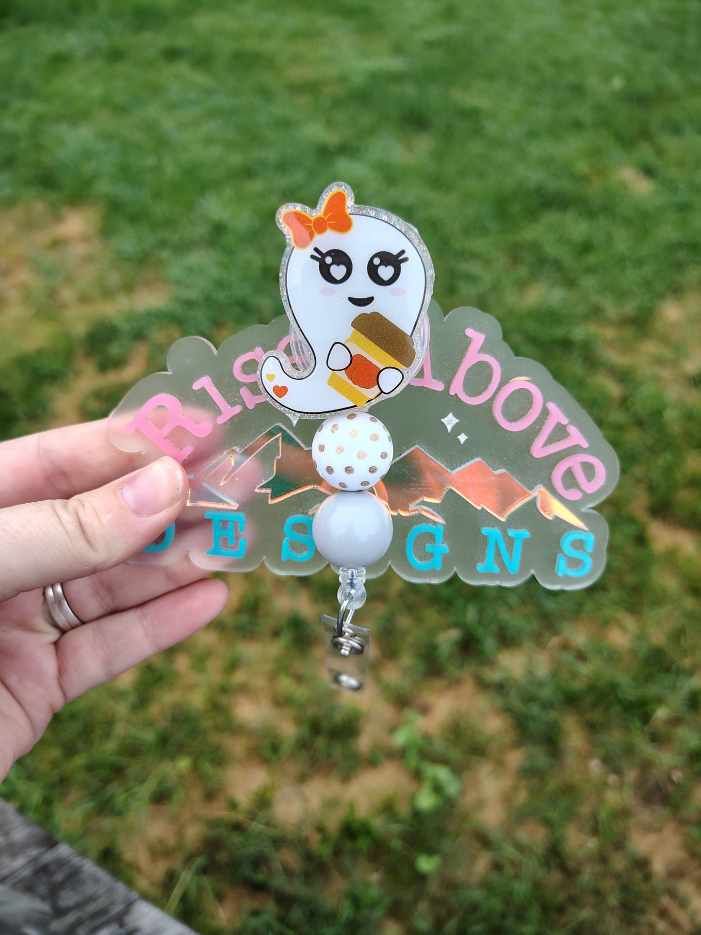 Ghost with Coffee Beaded Badge Reel