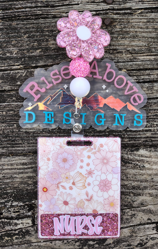 Pink Floral Badge Reel and Badge Buddy Set