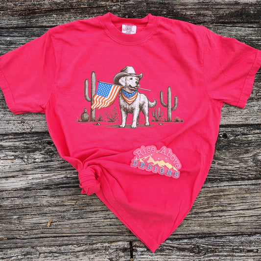 Golden Retriever with Flag Shirt