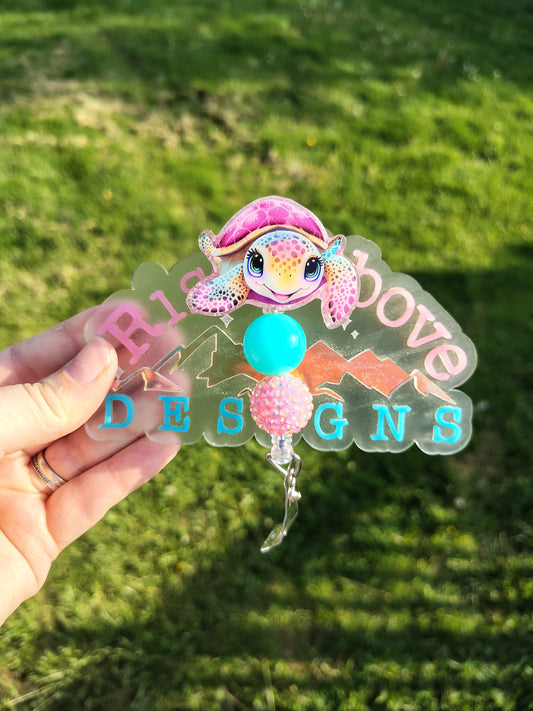 Pink Baby Sea Turtle Beaded Badge Reel