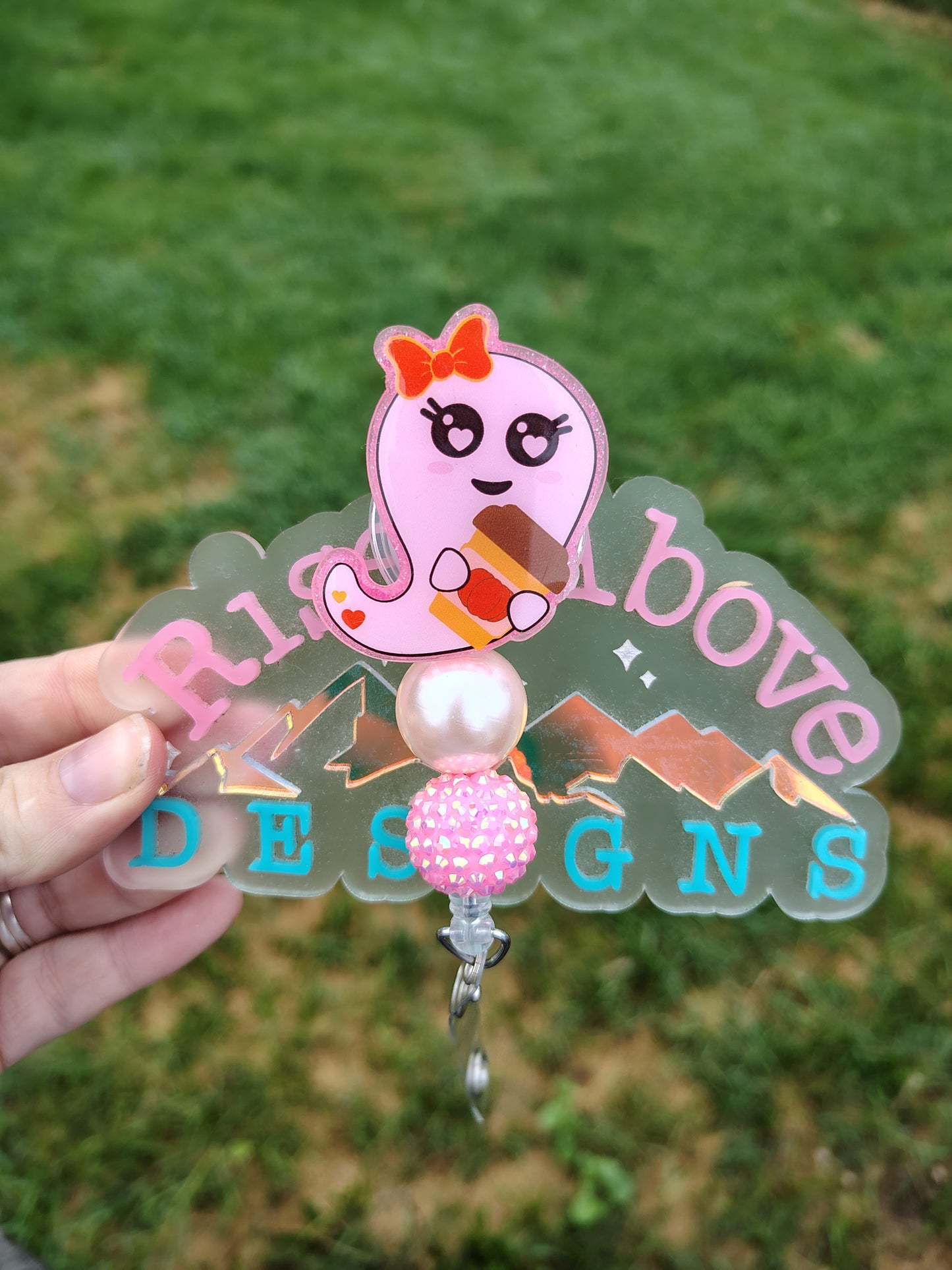 Ghost with Coffee Beaded Badge Reel