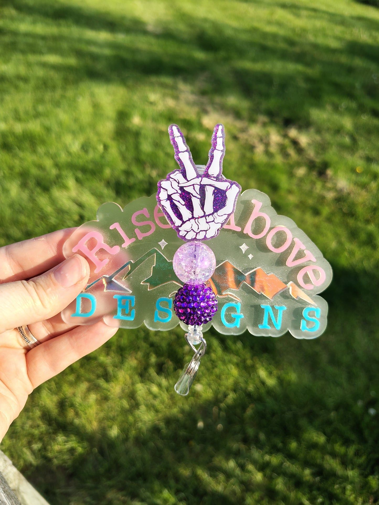 Skeleton Peace Sign Beaded Badge Reel