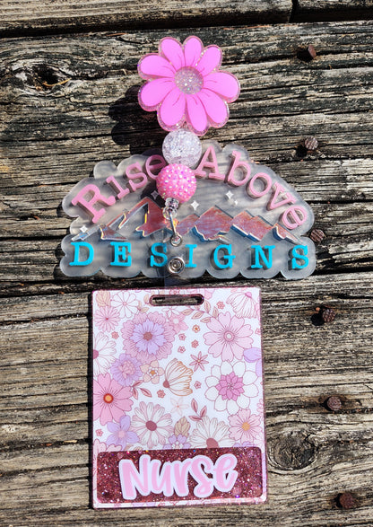 Pink Floral Badge Reel and Badge Buddy Set