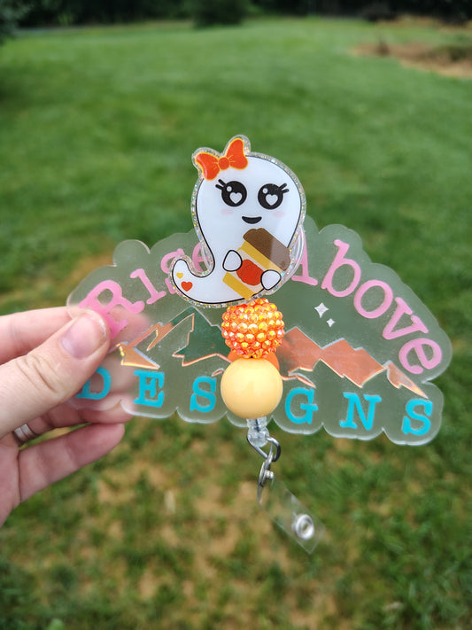 Ghost with Coffee Beaded Badge Reel