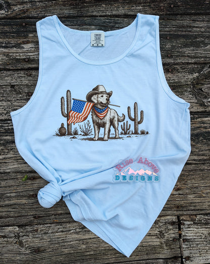 Golden Retriever with Flag Shirt