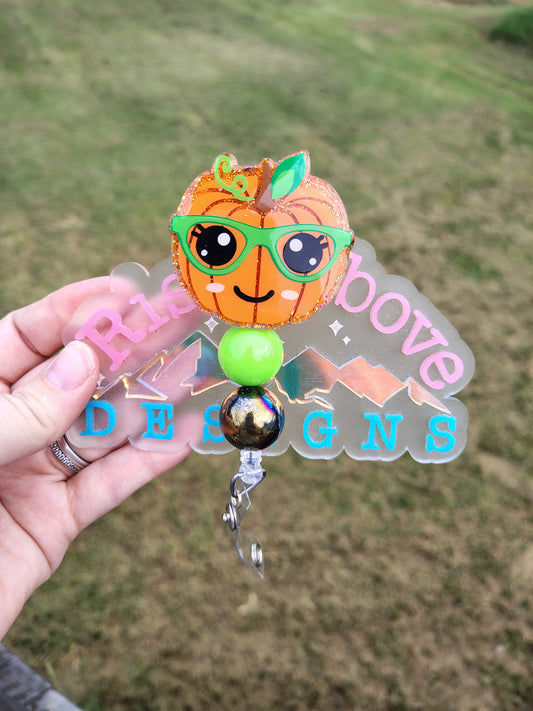 Pumpkin with Glasses Beaded Badge Reel