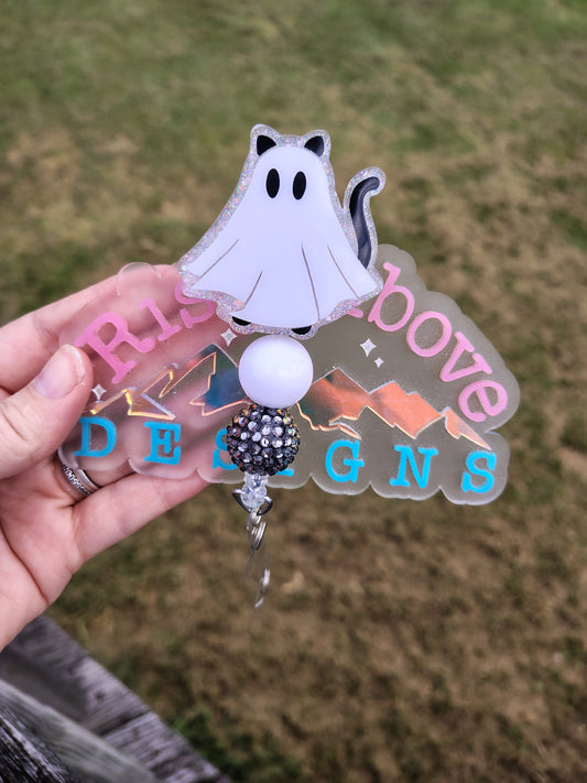Ghost Cat Beaded Badge Reel